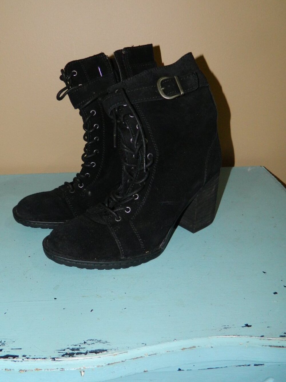 Born Women Black Suede Lace Up Block Heel Combat Boots F34803 Size 8